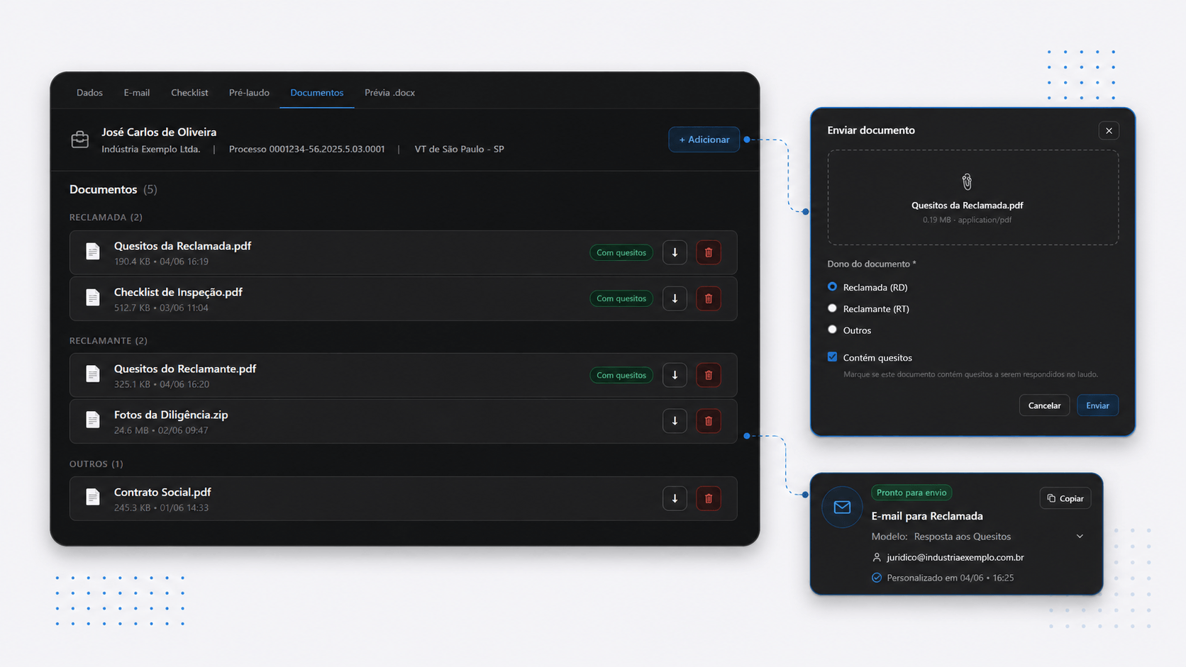 Aba Documentos do SmartPerito com anexos do processo organizados por origem (Reclamada, Reclamante, Outros) e modelo de e-mail de notificação pronto para copiar.