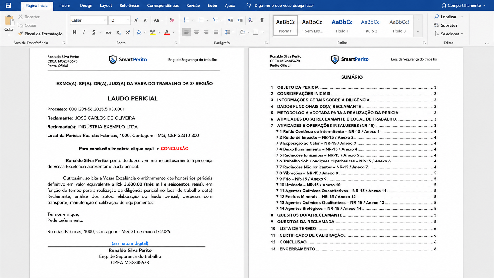Laudo pericial em DOCX gerado pelo SmartPerito, com capa, sumário e conclusão color-coded